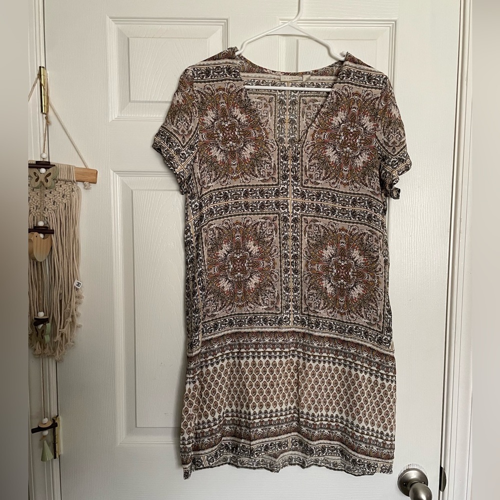 hinge Womens XS Neutral Boho Medallion Short Sleeve Dress - Cream, Brown, Black